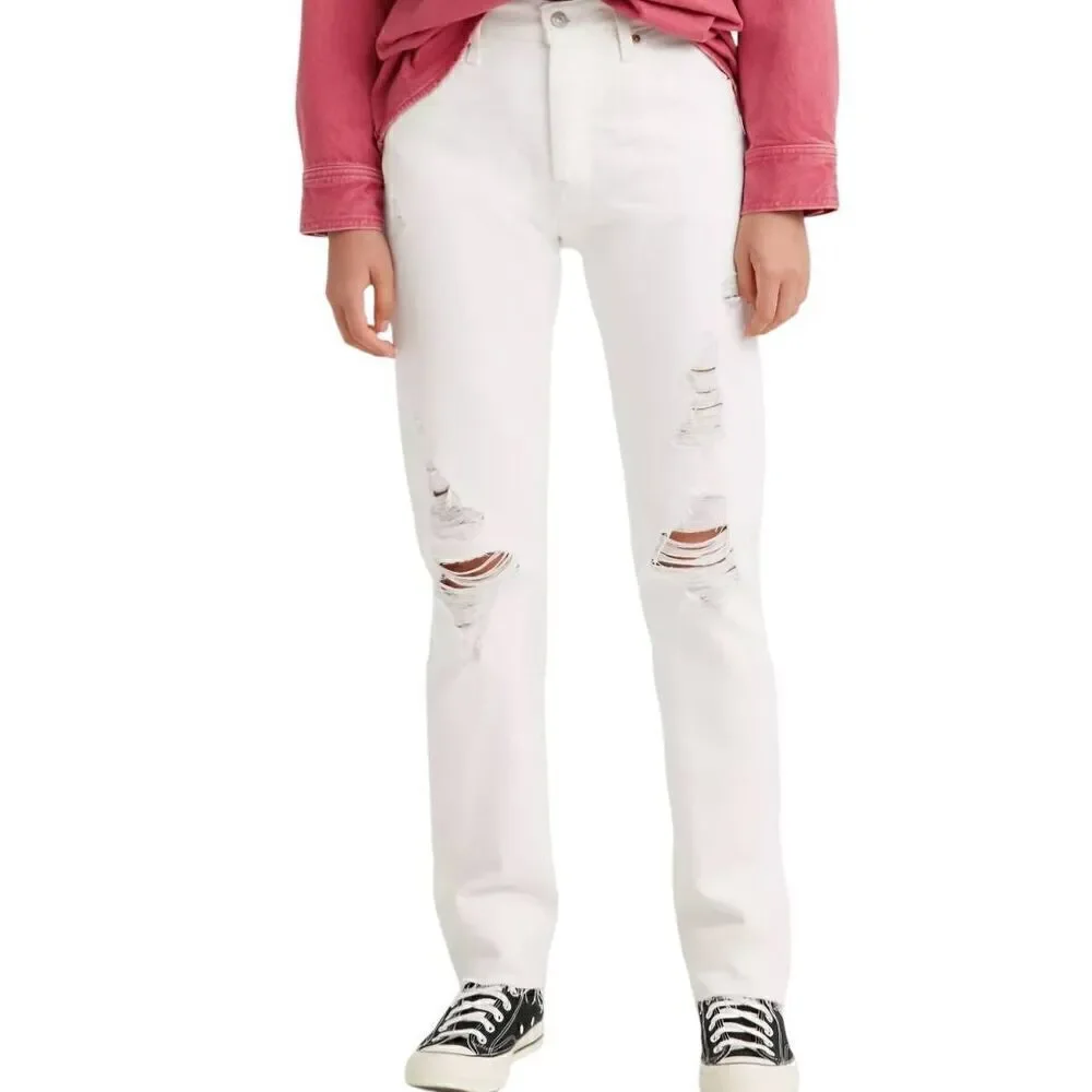Levi's Jeans Women's 29 White Original 501 Button Fly High Rise Destructed